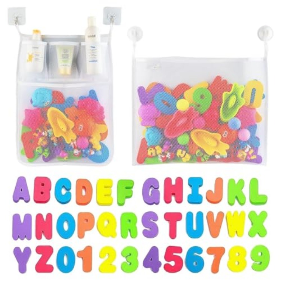 Bath Letter Number Foam - 2 x Mesh Bath Toy Organizer