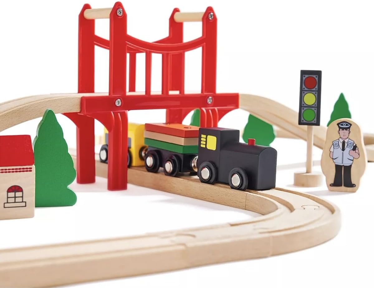 Wooden Train Set - 39 Pieces W - Toy Train Track Set reseña y precio