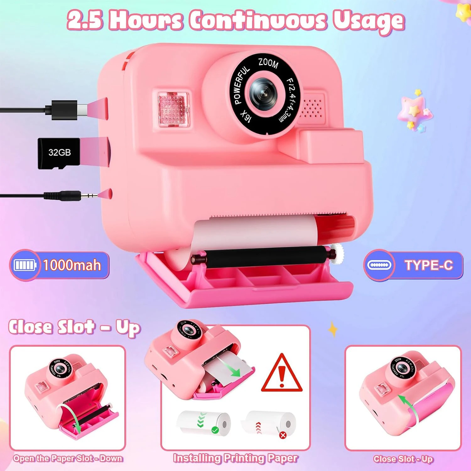 newInstant Print Camera With 3 - Kids Toys Top View reseña y precio